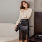 Faux Leather Fringed Midi Skirt