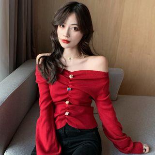 Button Accent Off-shoulder Sweater