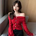 Button Accent Off-shoulder Sweater