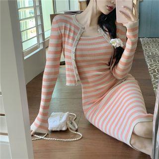 Striped Cardigan / Spaghetti-strap Midi Sheath Dress