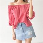 Off-shoulder Puff-sleeve Textured Top