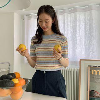 Short-sleeve Stripe Ribbed Top