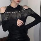 Cutout Shoulder Fringed Studded Top Black - One Size