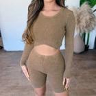 Set: Long Sleeve Knit Cropped Top + Biker Shorts