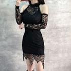 Long-sleeve Cold Shoulder Lace Mini Bodycon Dress
