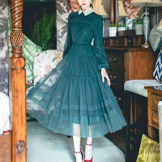 Collared Long-sleeve Midi A-line Mesh Dress