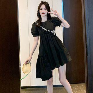Puff-sleeve Asymmetrical Ruffled A-line Dress
