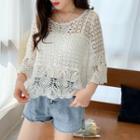 3/4-sleeve Crochet Top White - One Size