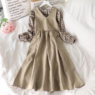 Plaid Long-sleeve Blouse / Plain Sleeveless Dress