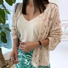 Open-front Perforated Knit Cardigan Beige - One Size
