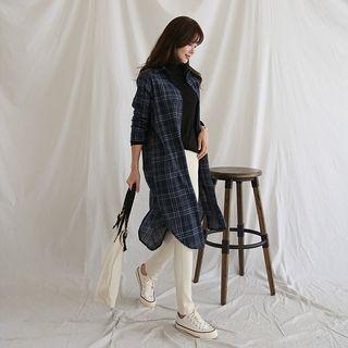 Checked Long Shirt With Sash Navy Blue - One Size