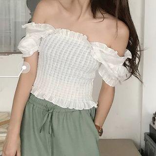 Plain Square-neck Off-shoulder Frilled Top White - One Size