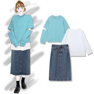 Midi A-line Denim Skirt / Sweatshirt / Long-sleeve T-shirt