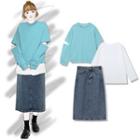 Midi A-line Denim Skirt / Sweatshirt / Long-sleeve T-shirt