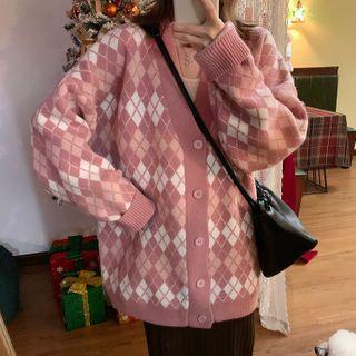 Plaid Long-sleeve Cardigan Pink - One Size