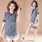 Short-sleeve Print V-neck Mesh Top