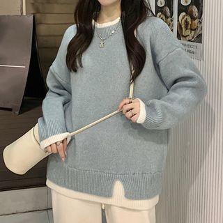 Mock Two-piece Knit Top Blue - One Size