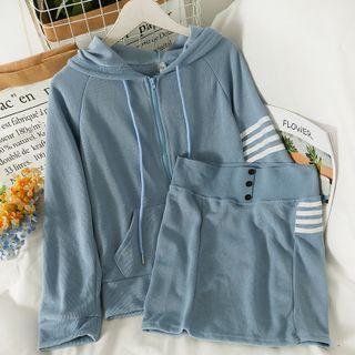 Set: Stripe-trim Hooded Loose Jacket + High-waist Mini Skirt