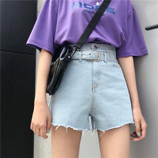 Letter Print T-shirt/high-waist Jeans Shorts