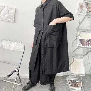 Short-sleeve Plain Long Shirt Black - One Size