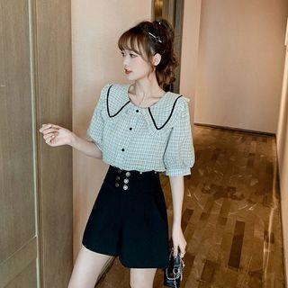 Set : Plaid Ruffle Blouse + High-waist Shorts
