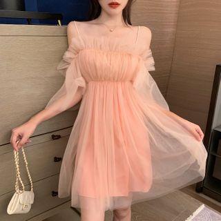Cold-shoulder Mesh Mini A-line Dress