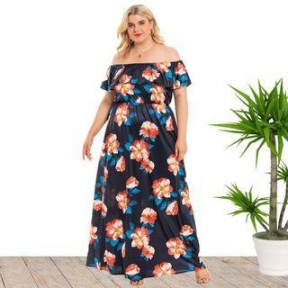 Plus-size Off-shoulder Floral Midi Smock Dress