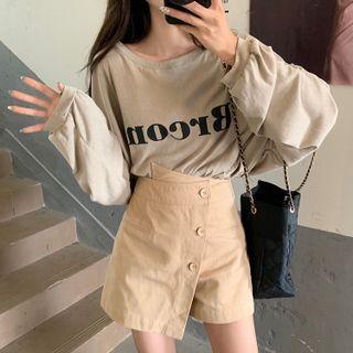Long-sleeve Lettering Print T-shirt / Mini A-line Skort