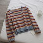 Square Neck Striped Knit Long-sleeve Top Denim Blue - One Size