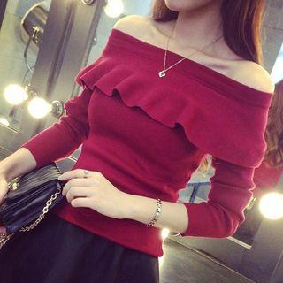 Off Shoulder Ruffle Trim Knit Pullover