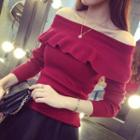 Off Shoulder Ruffle Trim Knit Pullover