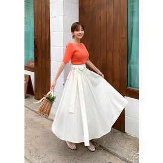 Beribboned Gathered Line Blend Maxi Skirt