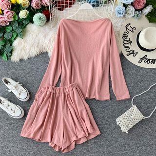 Set: Plain Long-sleeve T-shirt + Wide-leg Shorts