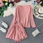Set: Plain Long-sleeve T-shirt + Wide-leg Shorts