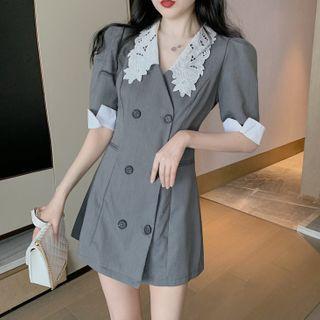 Short-sleeve Lace Collar Double Breasted A-line Mini Dress