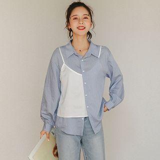 Mock Two-piece Striped Shirt / Cropped Straight-cut Pants