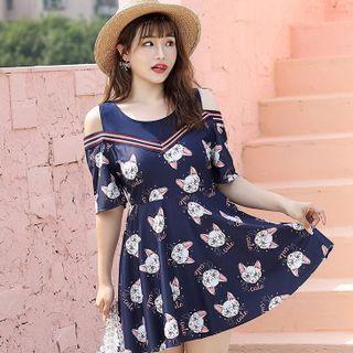 Elbow-sleeve Cold-shoulder Cat Print Swim Dress