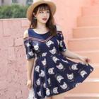 Elbow-sleeve Cold-shoulder Cat Print Swim Dress