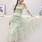 Cold-shoulder Ruffled Crop Blouse / Shirred Midi A-line Skirt