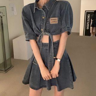 Short-sleeve Applique Denim Crop Shirt / Mini A-line Skirt