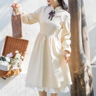 Puff-sleeve Ruffled Bow A-line Dress