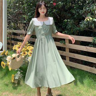 Puff-sleeve Square Neck Collared Dress