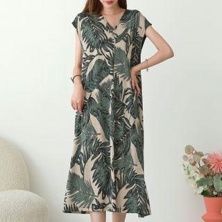 Cap-sleeve Foliage Print Dress