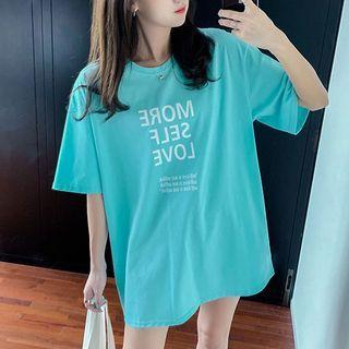 Elbow-sleeve Lettering T-shirt Aqua Blue - M