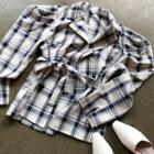 Puff-shoulder Plaid Jacket With Sash Navy Blue - One Size