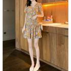 Short-sleeve Drawstring Floral Mini A-line Dress