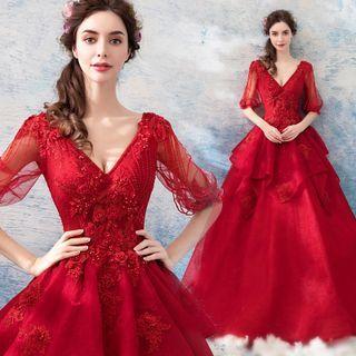 Elbow-sleeve V-neck Embroidered A-line Evening Gown