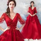 Elbow-sleeve V-neck Embroidered A-line Evening Gown