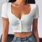 Short-sleeve Buttoned Rib-knit Crop Top