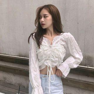 Long-sleeve Drawstring Blouse White - One Size